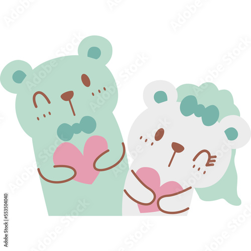 Little bear couple hug hearts, loving each other very much. Bear couple getting married. Two bears love each other and have hearts. for decorating the wedding ornament for valentine's day. cute animal