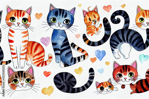 Draw  seamless pattern background cute cat Watercolor style