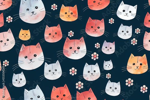 Draw seamless pattern background cute cat Watercolor style