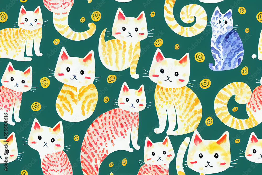 Draw  seamless pattern background cute cat Watercolor style