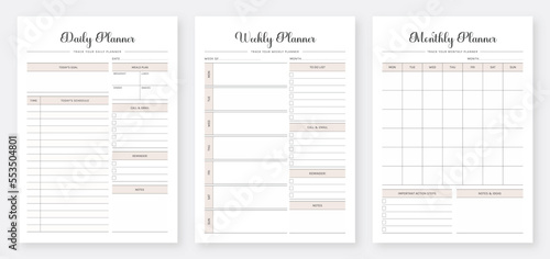 Daily, weekly, monthly planner template. 3 Set of minimalist planners. Printable Daily Weekly Monthly Planner Templates. Planner template for Personal, Office, School & Print. Set of Vector.