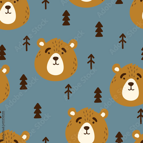 Сute bear funny animal face, head vector seamless pattern. Сartoon muzzle texture. Illustration for print on children's clothing, greeting cards, nursery, stationery, decor