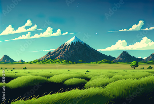 Daytime, a green grass field is seen near a mountain under a blue sky. Generative AI