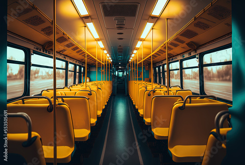 In the midst of the global coronavirus outbreak, the inside of a municipal bus is empty. Generative AI