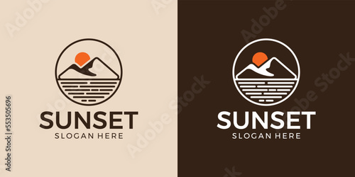Mountain sunset illustration monoline logo design inspiration