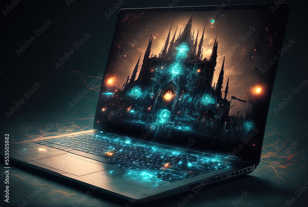 Laptop visual overlay for a network connection. Generative AI Stock ...