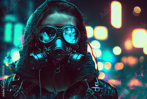 Fashion cyberpunk girl in leather hoodie jacket wears gas mask with protective glasses, filters. Colorful 3d render , glowing green wires on night light bokeh in city,generative ai