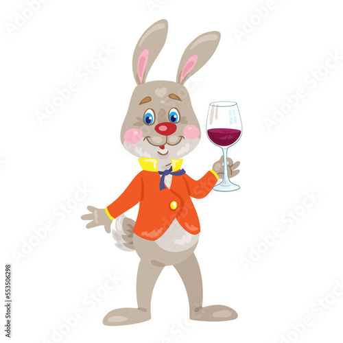 Funny rabbit in a red jacket stands with a glass of wine in his hand. In cartoon style. Isolated on white background. Vector flat illustration.