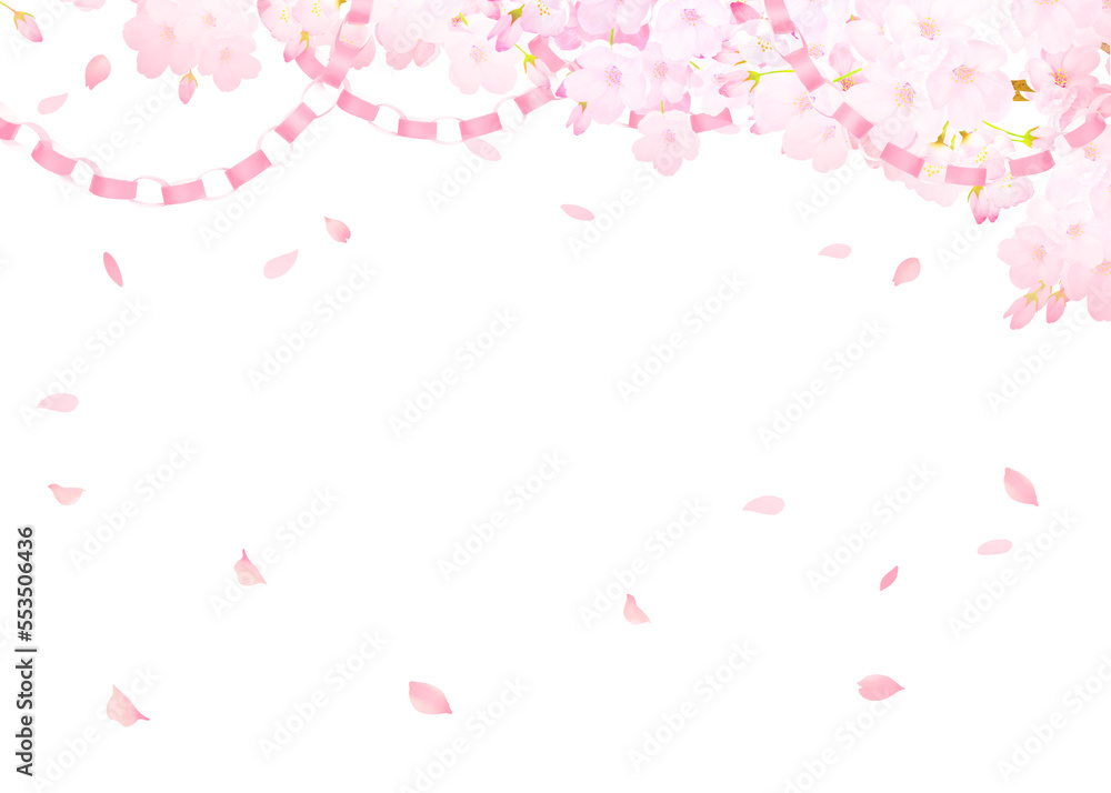 薄いピンク色のかわいい桜の花と折り紙の輪っか飾りー花びら舞い散る春の白バックフレーム背景素材