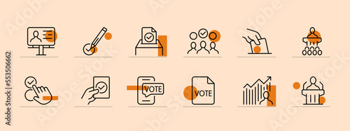 Vote icon set. Pen, tick, vote, referendum, election campaign, statistic, elector, online, voter. Elections concept. Pastel color background. Vector line icon for business photo