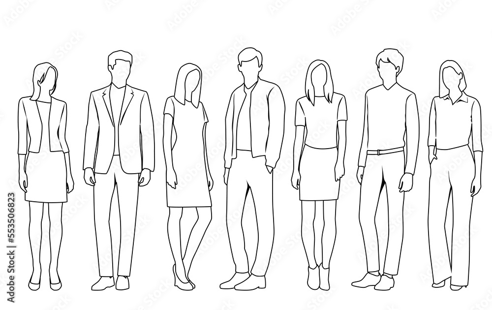 Vector silhouettes of men and a women, a group of standing business people, linear sketch, black and white color isolated on white background Vector silhouettes of men and a women, a group of standing business people, linear sketch, black and white color isolated on white background