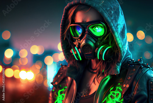 Fashion cyberpunk girl in leather hoodie jacket wears gas mask with protective glasses, filters. Colorful 3d render , glowing green wires on night light bokeh in city,generative ai