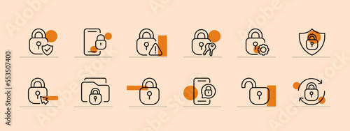 Lock for personal data icon set. Phone password, database protection, sync, phone, unlock Privacy concept. Pastel color background. Vector line icon for business