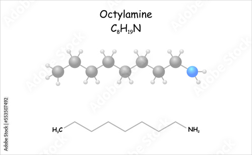 Stylized 2D molecule model/structural formula of octylamine.