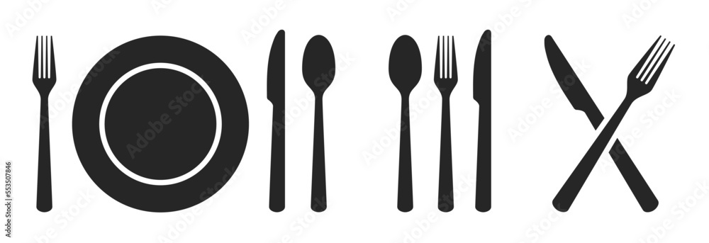 Spoon, fork, knife and plate icon set isolated on a white background. Cutlery, tableware, dinner service symbol collection. Vector illustration for logotype, web, or app Spoon, fork, knife and plate icon set isolated on a white background. Cutlery, tableware, dinner service symbol collection. Vector illustration for logotype, web, or app