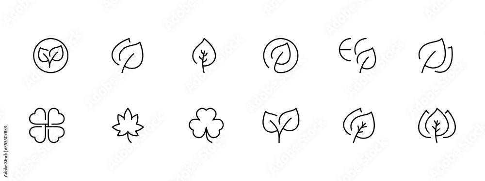 Leaves and planet set icon. Plant, earth, green, save the planet, clean environment, leaf. Ecology concept. Vector line icon on white background Leaves and planet set icon. Plant, earth, green, save the planet, clean environment, leaf. Ecology concept. Vector line icon on white background