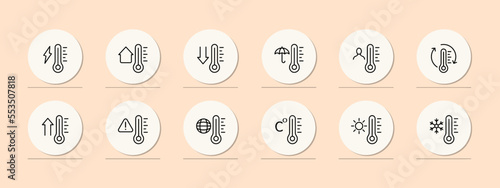 Thermometer icon set. Low high temperature, thermostat, fahrenheit, home, celsius, degrees Celsius. Weather concept. Pastel color background. Vector line icon for business