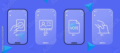 Polling station set icon. Pen, tick, vote, referendum, petition, election, vote, president, MP, politician. Voting concept. Glassmorphism style. Ui phone app screen.