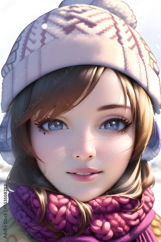 Beautiful woman portrait in front of winter christmas tree in anime style digital painting illustration Beautiful woman portrait in front of winter christmas tree in anime style digital painting illustration