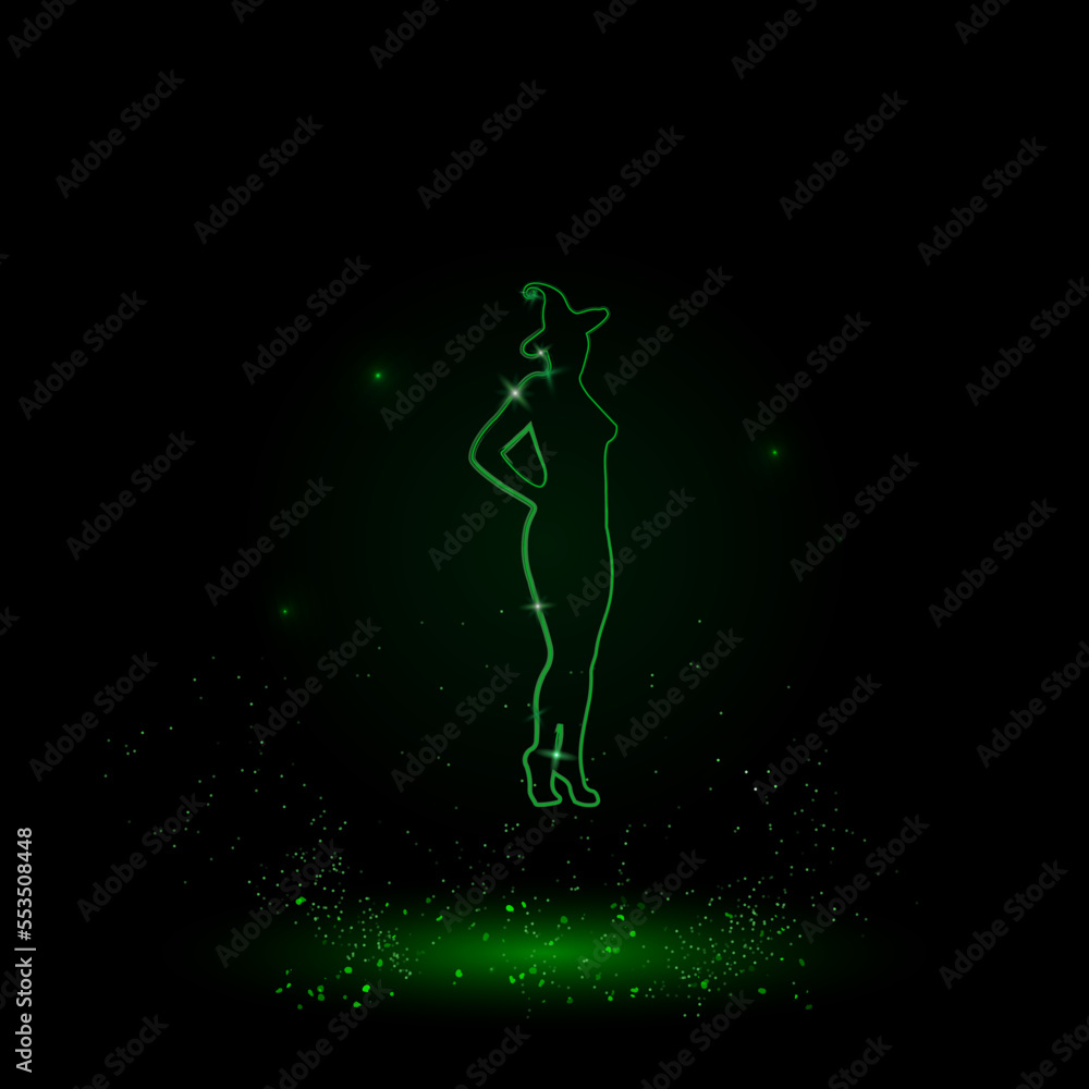 A large green outline sexy witch symbol on the center. Green Neon style. Neon color with shiny stars. Vector illustration on black background