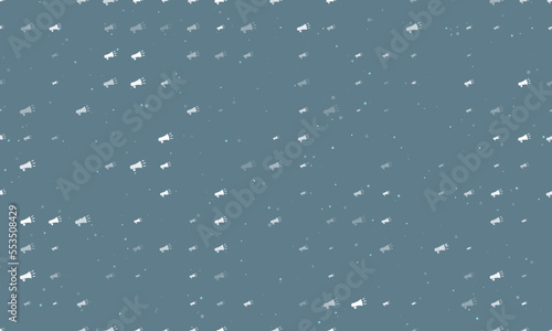 Seamless background pattern of evenly spaced white megaphone symbols of different sizes and opacity. Vector illustration on blue gray background with stars