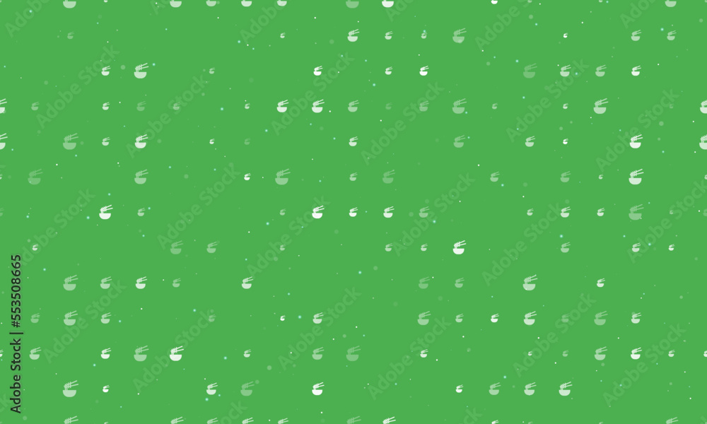 Seamless background pattern of evenly spaced white noodle symbols of different sizes and opacity. Vector illustration on green background with stars