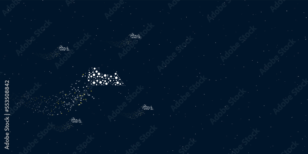 A bulldozer symbol filled with dots flies through the stars leaving a trail behind. Four small symbols around. Empty space for text on the right. Vector illustration on dark blue background with stars A bulldozer symbol filled with dots flies through the stars leaving a trail behind. Four small symbols around. Empty space for text on the right. Vector illustration on dark blue background with stars