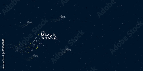 A bulldozer symbol filled with dots flies through the stars leaving a trail behind. Four small symbols around. Empty space for text on the right. Vector illustration on dark blue background with stars