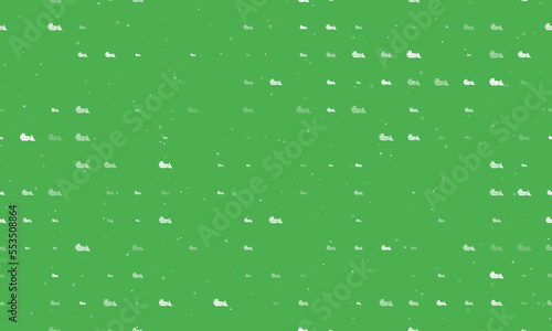 Seamless background pattern of evenly spaced white bulldozer symbols of different sizes and opacity. Vector illustration on green background with stars