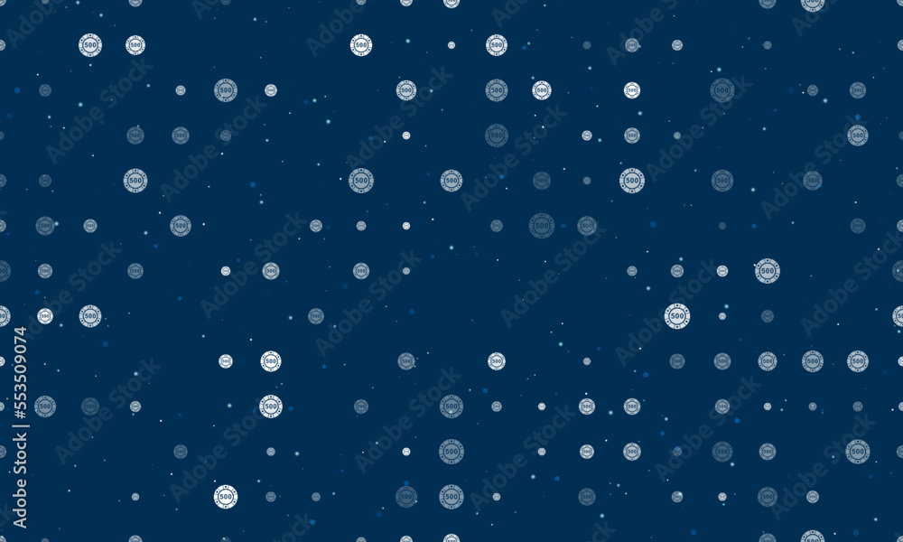 Seamless background pattern of evenly spaced white poker chip symbols of different sizes and opacity. Vector illustration on dark blue background with stars