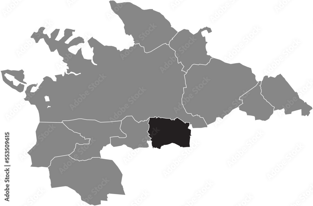 Obraz premium Black flat blank highlighted location map of the MARBACH QUARTER inside gray administrative map of VILLINGEN-SCHWENNINGEN, Germany