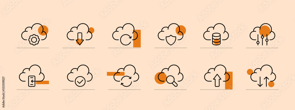 Fototapeta premium Cloud saving icon set. Uploading data to the cloud, protecting cloud databases, internet traffic. Network concept. Pastel color background. Vector line icon for business