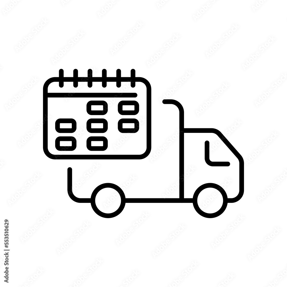 Delivery van line icon. Food delivery, pizza, mail, search, gear, clock, Truck, garbage disposal, car, box, mail, logistics. Order concept. Vector line icon on white background Delivery van line icon. Food delivery, pizza, mail, search, gear, clock, Truck, garbage disposal, car, box, mail, logistics. Order concept. Vector line icon on white background