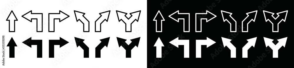 Road arrow direction sign. Turn left ad right, straight arrow way and Crossroads icon vector for apps and websites, symbol illustration Road arrow direction sign. Turn left ad right, straight arrow way and Crossroads icon vector for apps and websites, symbol illustration