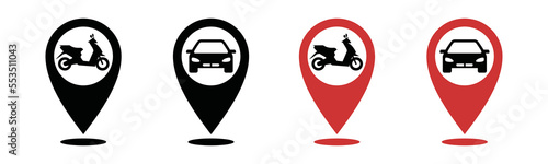 Map pin location of car and motorcycle icon set. Map markers icon vector. Map pin pointer place. GPS pin location icon for apps and websites, symbol vector illustration