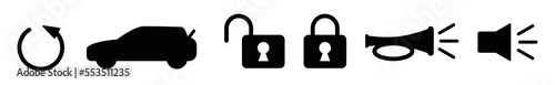 Remote control buttons on the key car icon set. Buttons of safety lock and unlock padlock, horn, klaxon, siren, safety, on, off, and car icon vector for apps and websites, symbol illustration