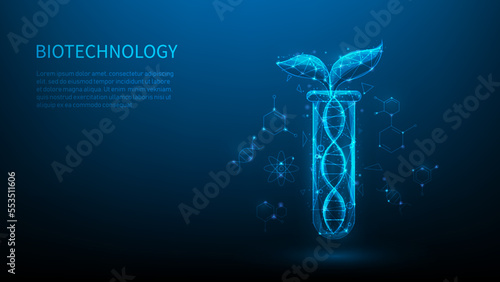 ecology innovation biotechnology  on blue dark background. vector illustration fantastic hi tech design. plant in test tube low poly wireframe. biological dna technology. scientific growth seedlings.