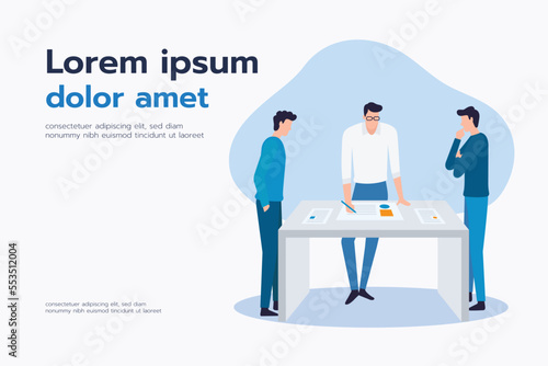 Businessman team working together at the desk, character design, and flat design