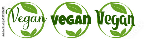 Vegan organic eco natural bio sticker label logo icon. Logo with a pattern of green leaves. Ecological products. Stickers of eco-friendly products. Vector illustration of vegan organic food icons