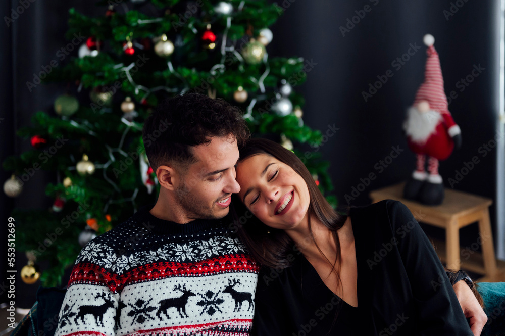 Smiling couple cuddling on the sofa at home at christmas time Smiling couple cuddling on the sofa at home at christmas time