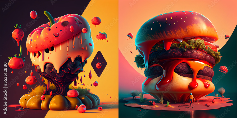 Abstract illustration of burger and icecream, surreal art, food collection