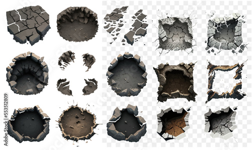 Ground cracks top view isolated on transparent background. Big dark cracked. Vector illustration