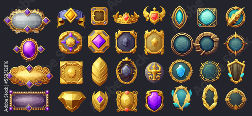 Rank frames, Ui game borders evolution frames for rpg game avatars, game ui ux modern elements. A beautiful fantastic children's play template isolated on background. Vector illustration