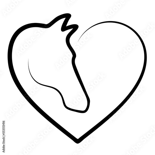 Horse head in heart shape, animal love concept, Equestrian logo, illustration over a transparent background, PNG image