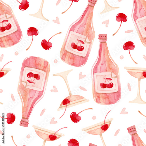 Cherry soda in bottle and glass with cherry watercolor seamless pattern