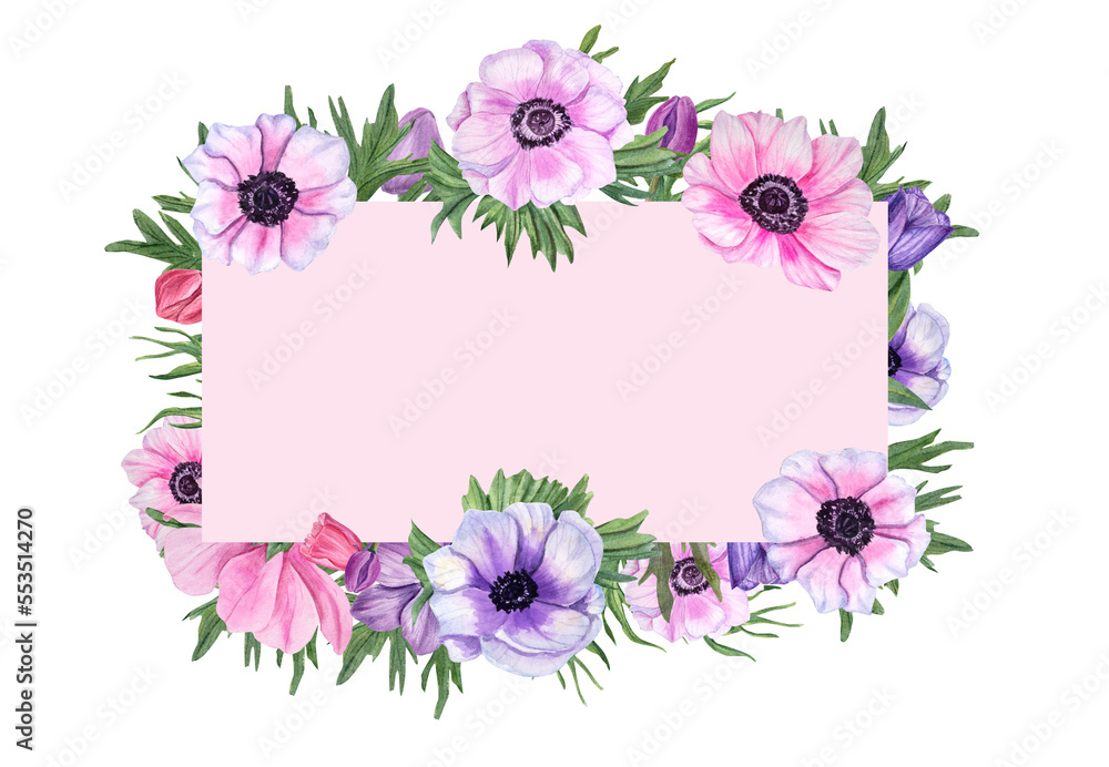 Horizontal frame with anemones isolated on white background. Watercolor floral illustration for Valentine day, wedding, birthday, mother day cards, invitation template Horizontal frame with anemones isolated on white background. Watercolor floral illustration for Valentine day, wedding, birthday, mother day cards, invitation template
