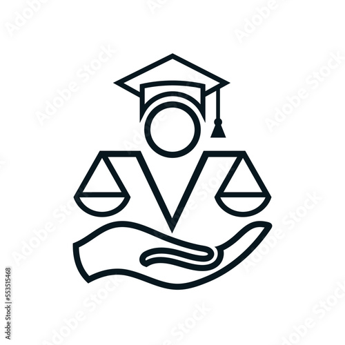 Hand holding Graduation law balance. Mechanical balancing scales, symbol of law and judgment, punishment and truth, measuring.