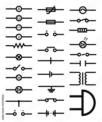 Electrical circuit physics icons set vector. Set of Physics educational icons
