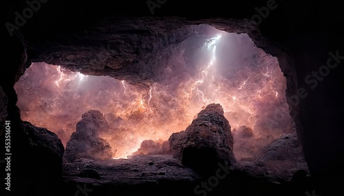 Dramatic ancient cave with smoke and lo light atmospher