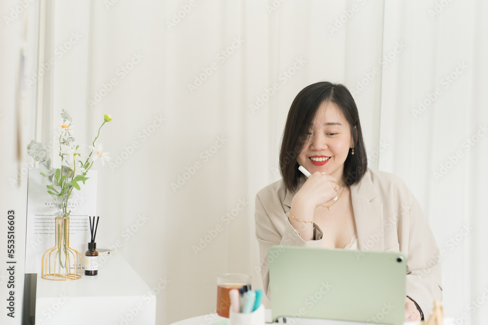 asian business and writer woman smile and happy during think new idea and meeting online asian business and writer woman smile and happy during think new idea and meeting online